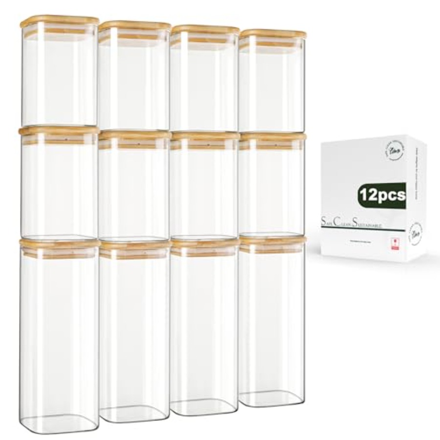 Food Storage Pantry - 12-Pack Square Glass Storage Jars with