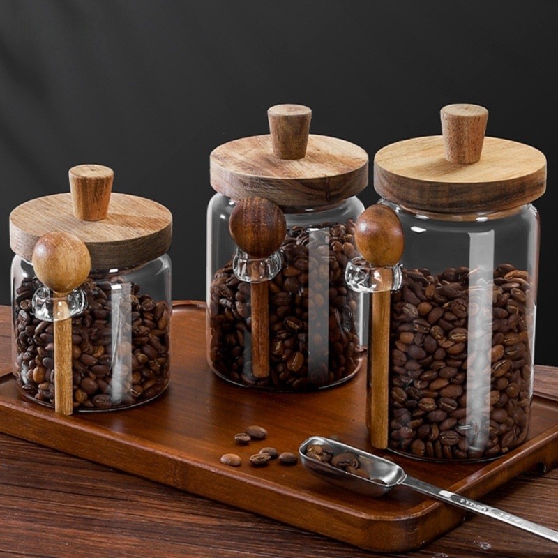 Food Storage Glass Container Set - ABJI-Glass Jar With Wooden Lids And