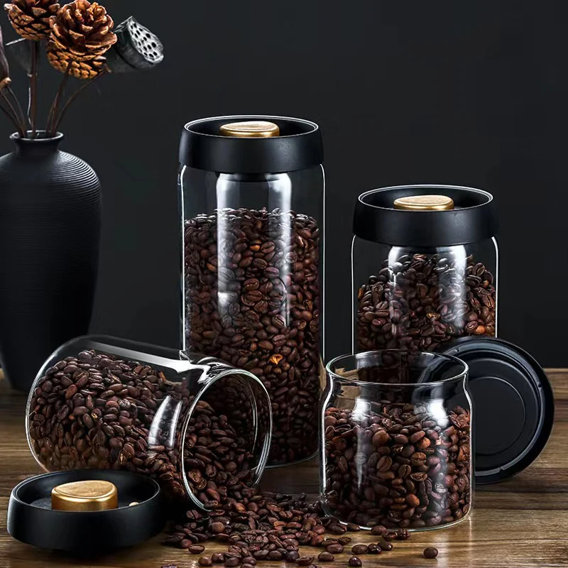 Food Storage Glass Set - Coffee beans vacuum sealed jar, transparent