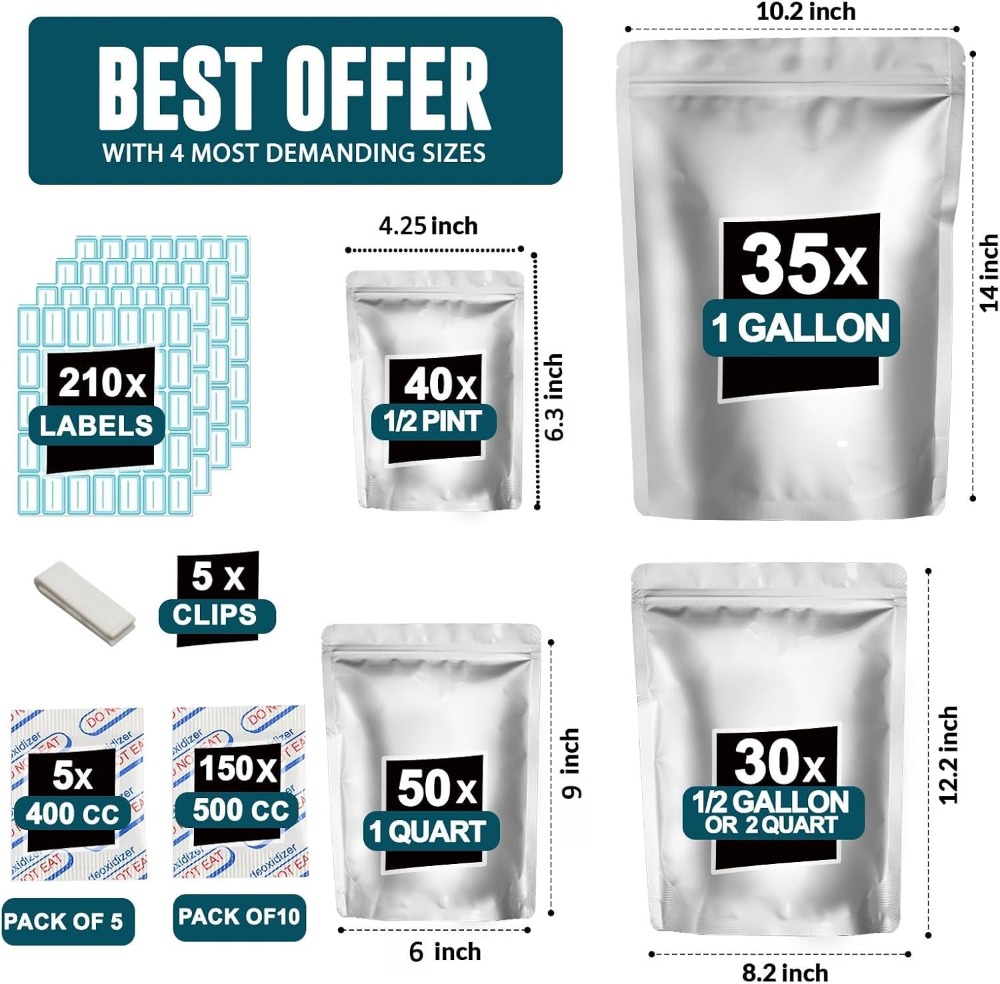 155 Mylar Bags with 155 Oxygen - огляд і ціна Food Storage Labels